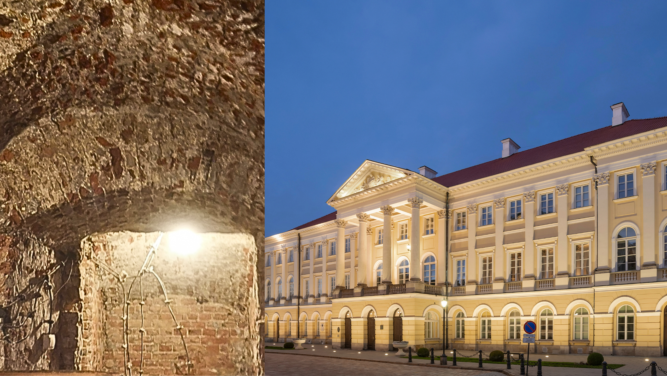Połączone zdjęcia - z prawej strony Pałac Kazimierzowski, z lewej podziemia Pałacu Kazimierzowskiego. 