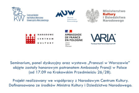 Francuzi w Warszawie logotypy projektu: CBKW UW, MUW, MKiDN, NCK, Ambasada Francji w Polsce, Fundacja Varia.