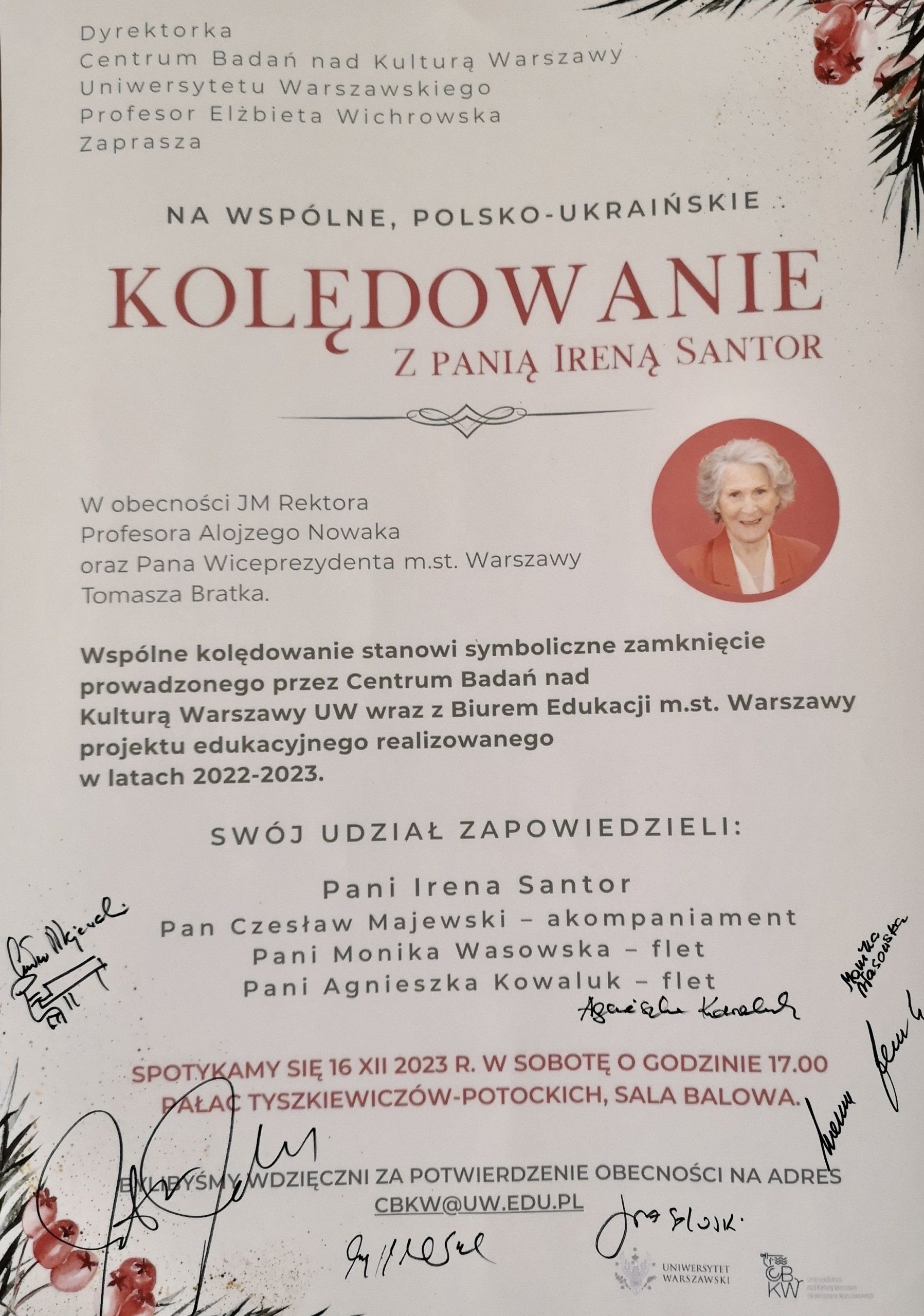Plakat informujący o wydarzeniu CBKW UW "Kolędowanie z Ireną Santor", które odbyło się 16.12. 2023 r., wraz z autografami zaproszonych artystów i gości.