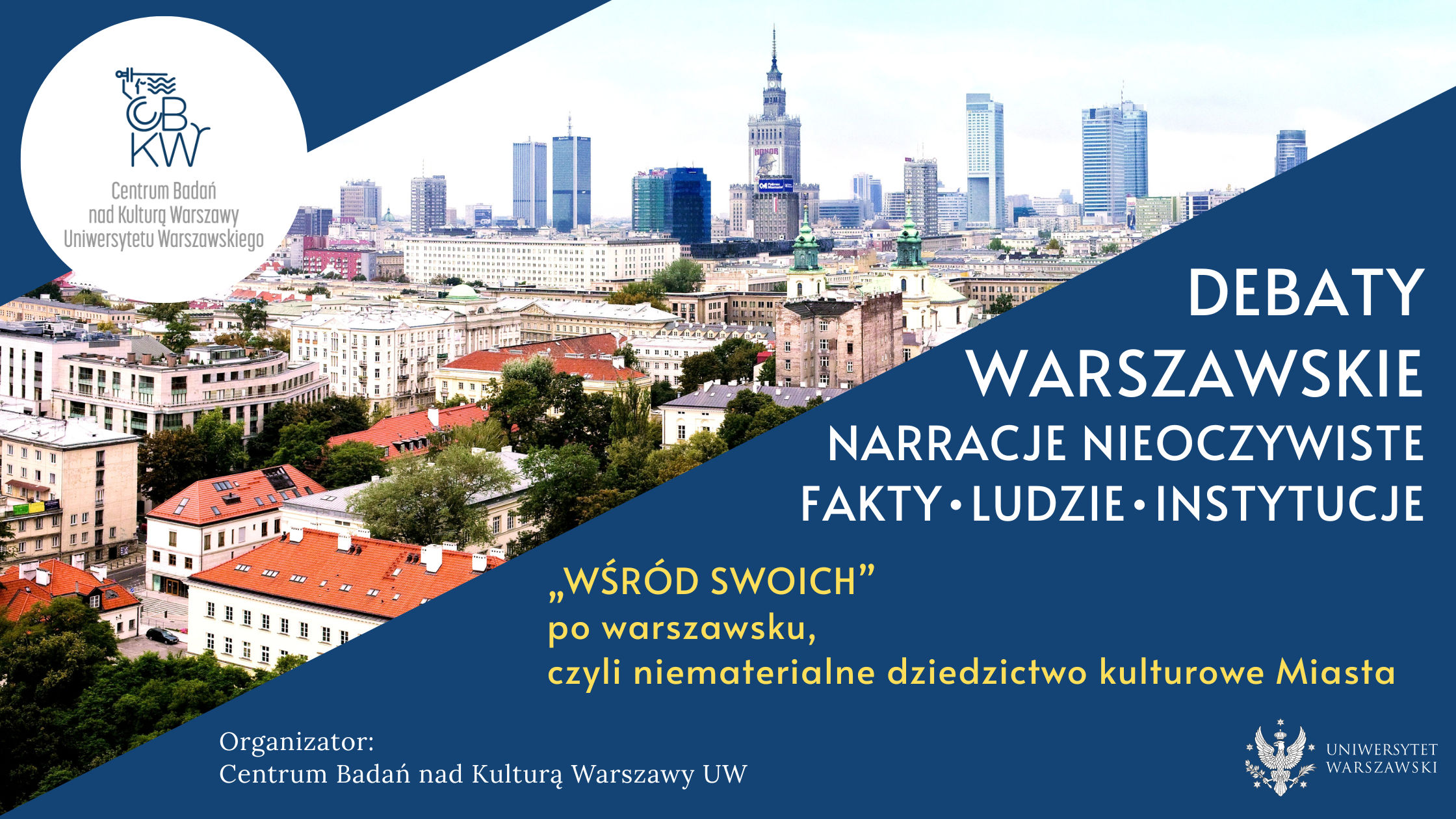 Grafika banera_Debata 6. Grafika ze zdjęciam panoramy Warszawy i informacjami o debacie na granatowym tle.