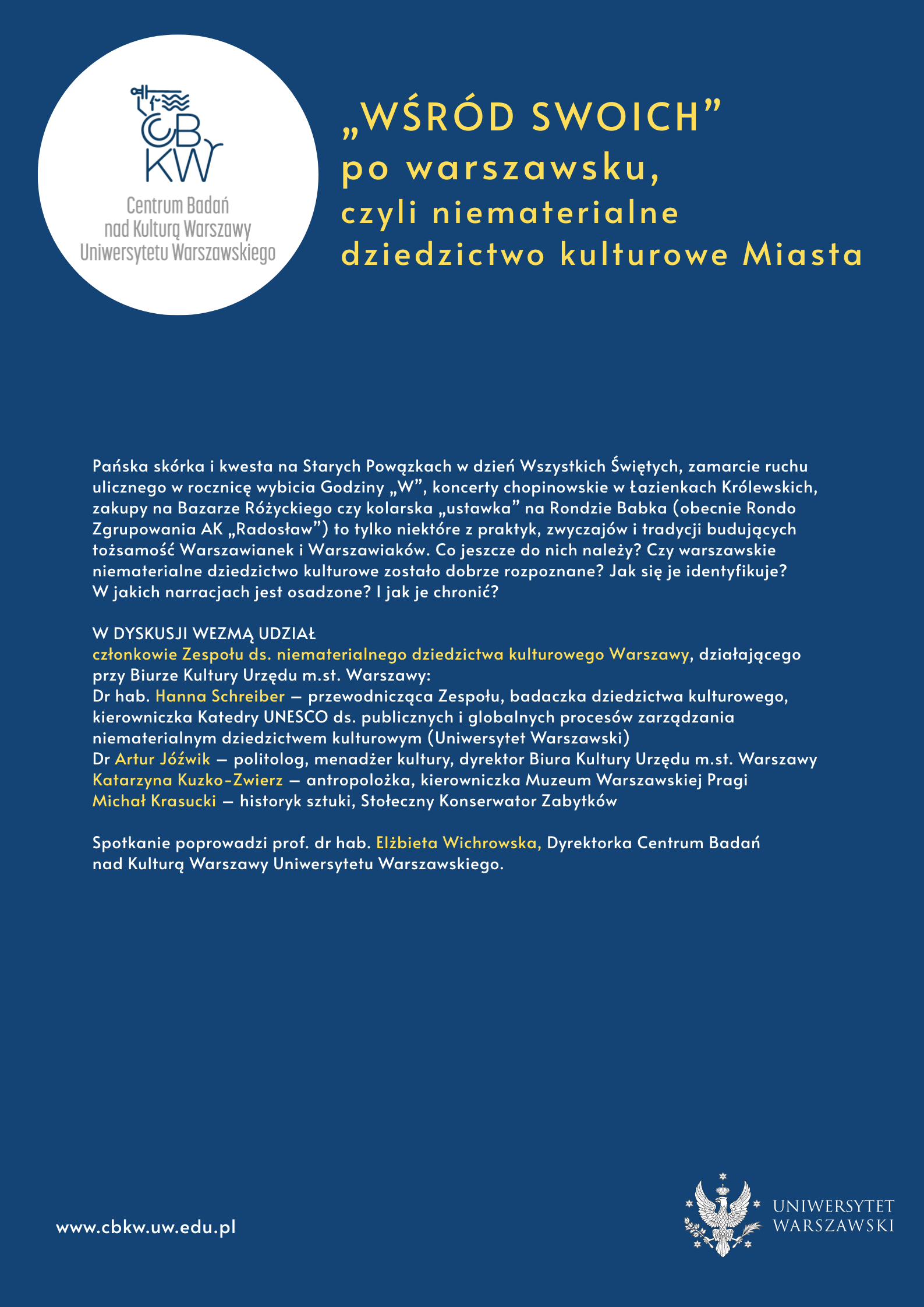„Wśród swoich” po warszawsku, czyli niematerialne dziedzictwo kulturowe Miasta. Plakat wydarzenia: logo CBKW na białym tle i informacje o debacie na granatowym tle