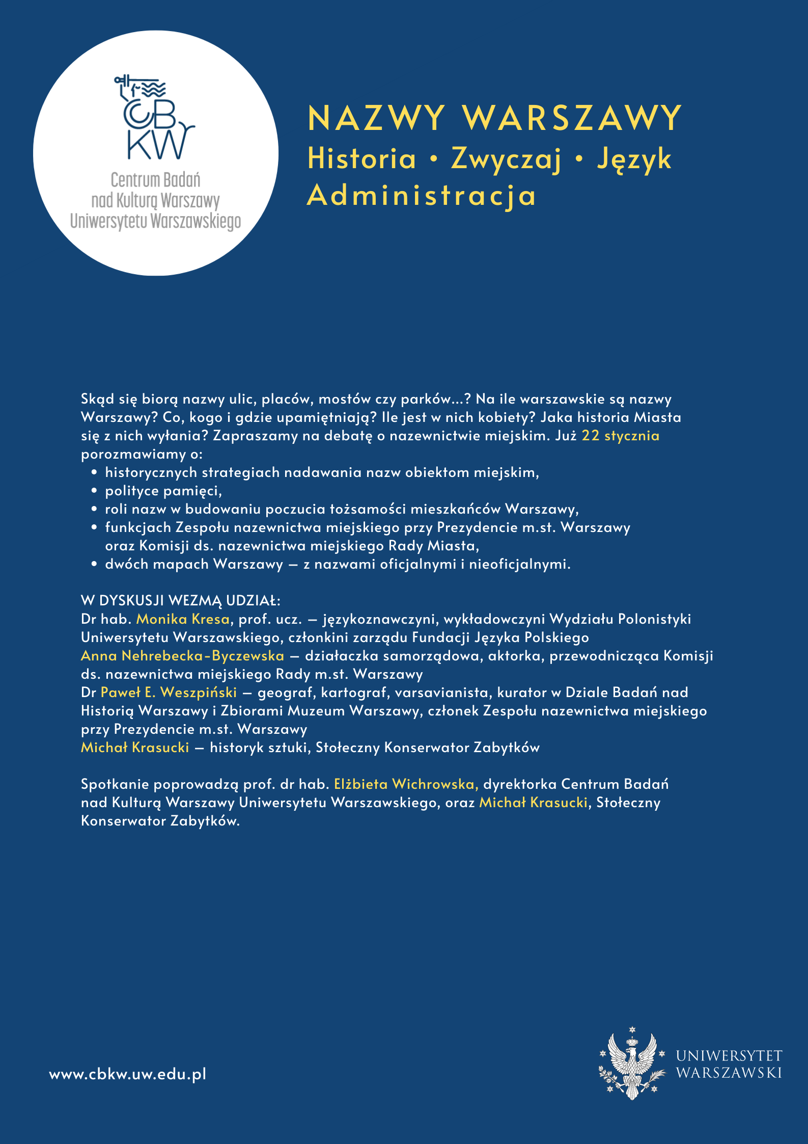 Nazwy Warszawy. Historia – Zwyczaj – Język – Administracja. Plakat wydarzenia: logo CBKW na białym tle i informacje o debacie na granatowym tle