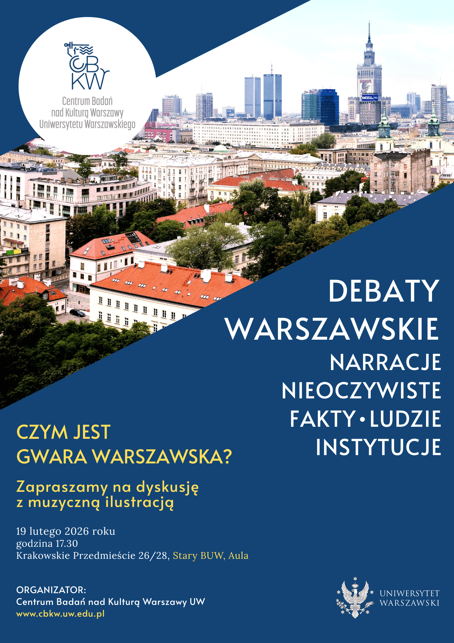 Czym jest gwara warszawska?. Plakat wydarzenia: zdjęcia panoramy Warszawy i informacje o debacie na granatowym tle