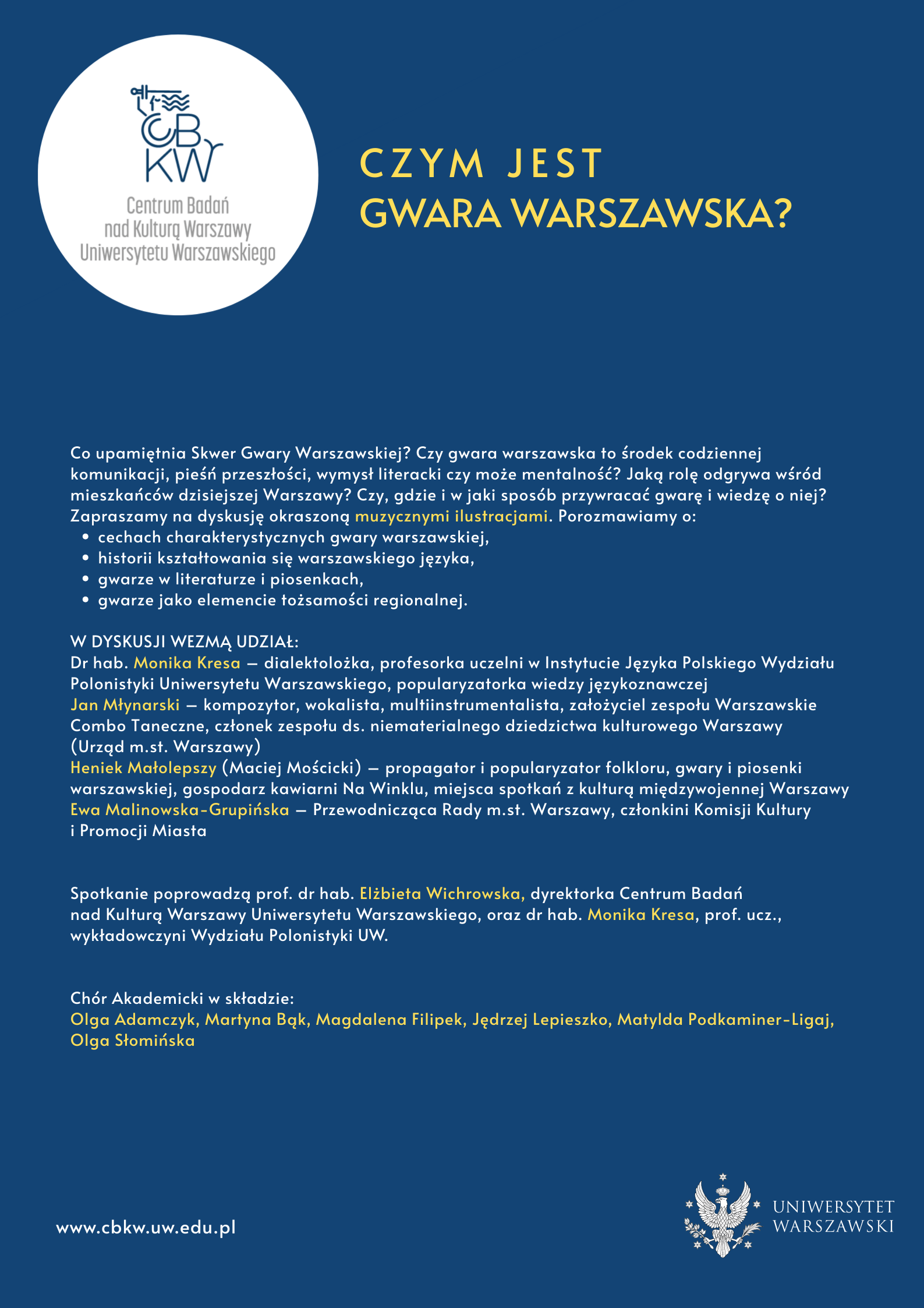 Czym jest gwara warszawska?. Plakat wydarzenia: logo CBKW na białym tle i informacje o debacie na granatowym tle